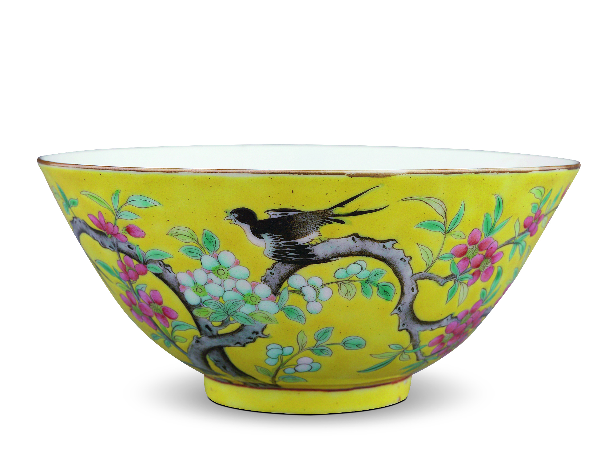 光绪粉彩黄地花鸟碗