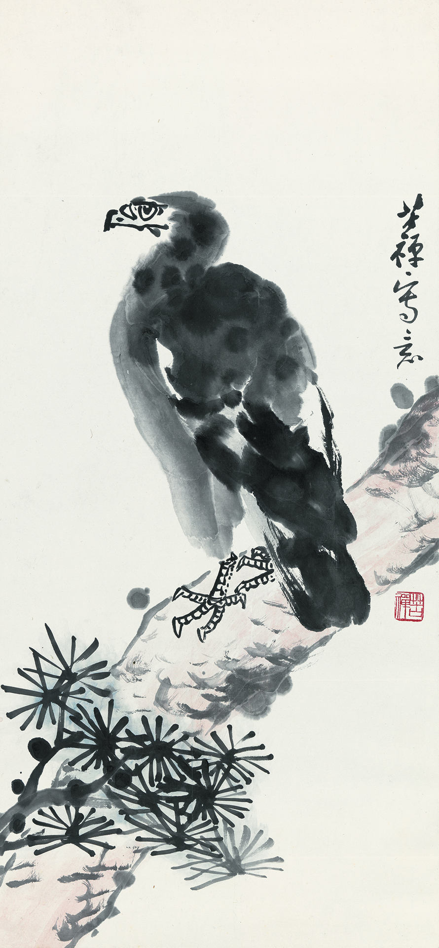 中国美術 李苦禅款 鷹図三尺画芯 肉筆手描き 宣紙画芯 証書付 文房置物